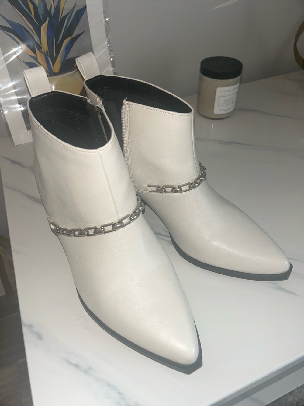 White Chain-Accent Pointed Toe Ankle Boots